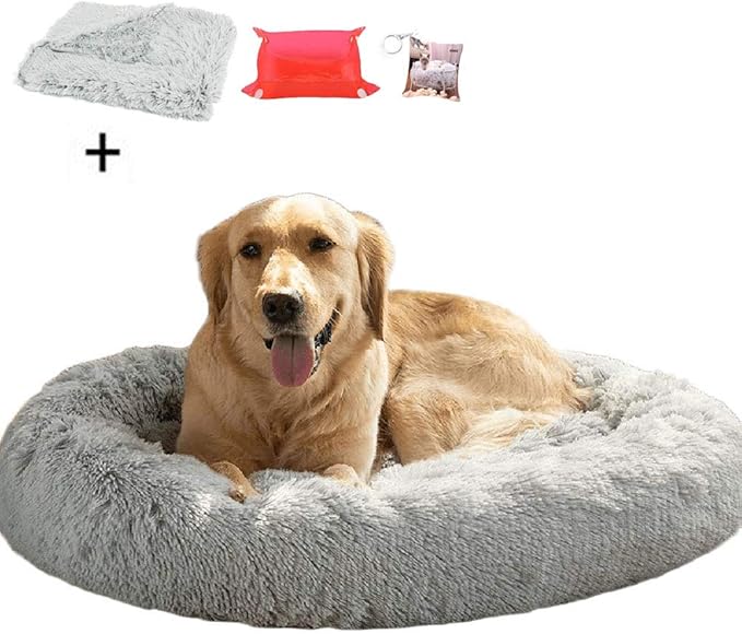 Ailotrd Fluffy Faux Fur Dog Bed Sofa Donut Calming Pet Bed Cushion,Gray