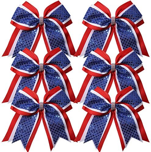 Cheerleader Bows 8 Inch 3 Layers 6 Pcs Ponytail Holder Jumbo Cheerleading Bows Hair Elastic Hair Tie for High School College (Red/White/Royal Blue)