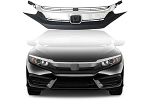 Kspeed Front Bumper Grille for 2016 2017 2018 Honda Civic, Black with Chrome Molding Front Upper Hood Grill Replacement Part