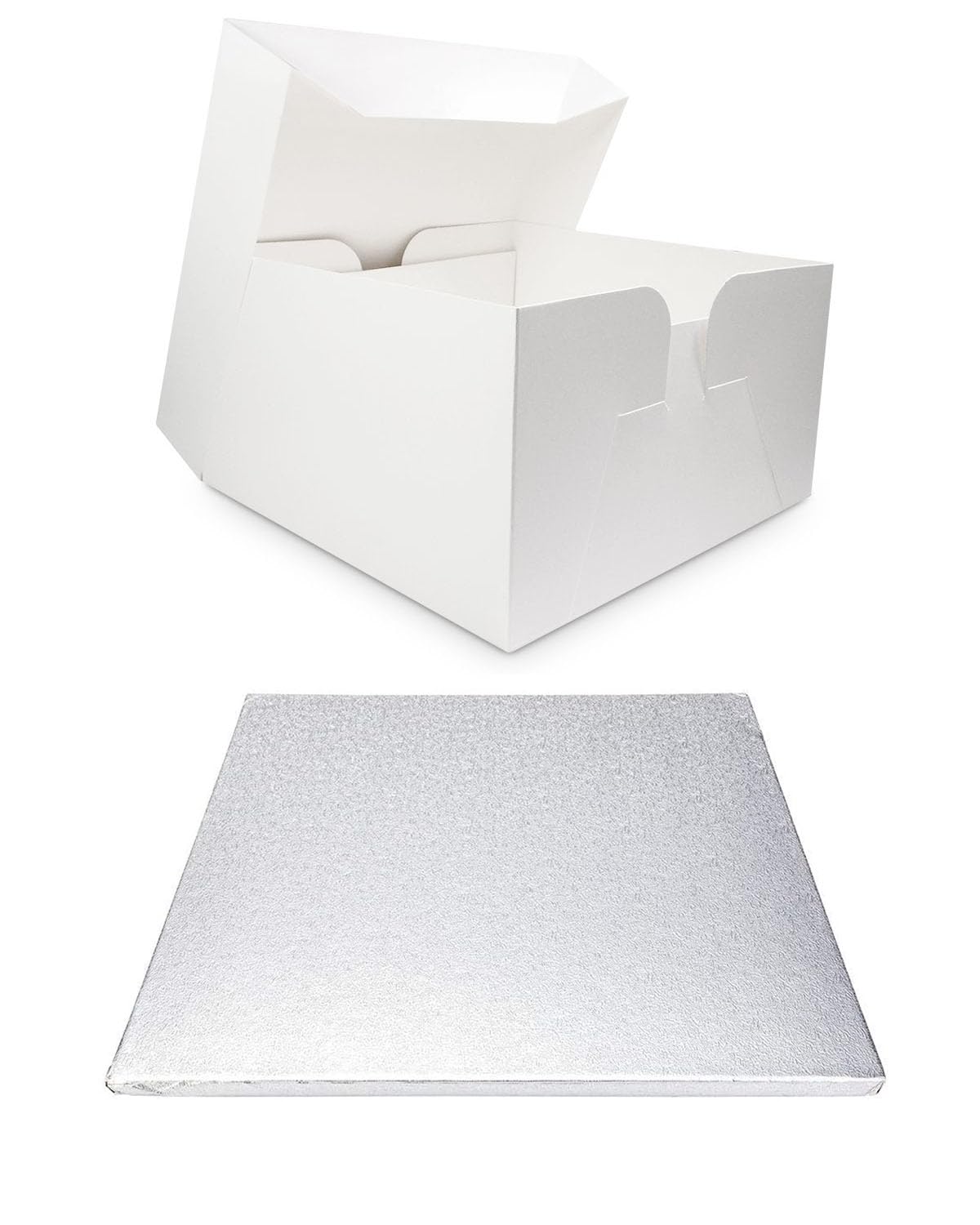 LARRYROO Single White Cake Box and Silver Square Board Pack - Thick Drum for Wedding, Party etc (12 Inches)