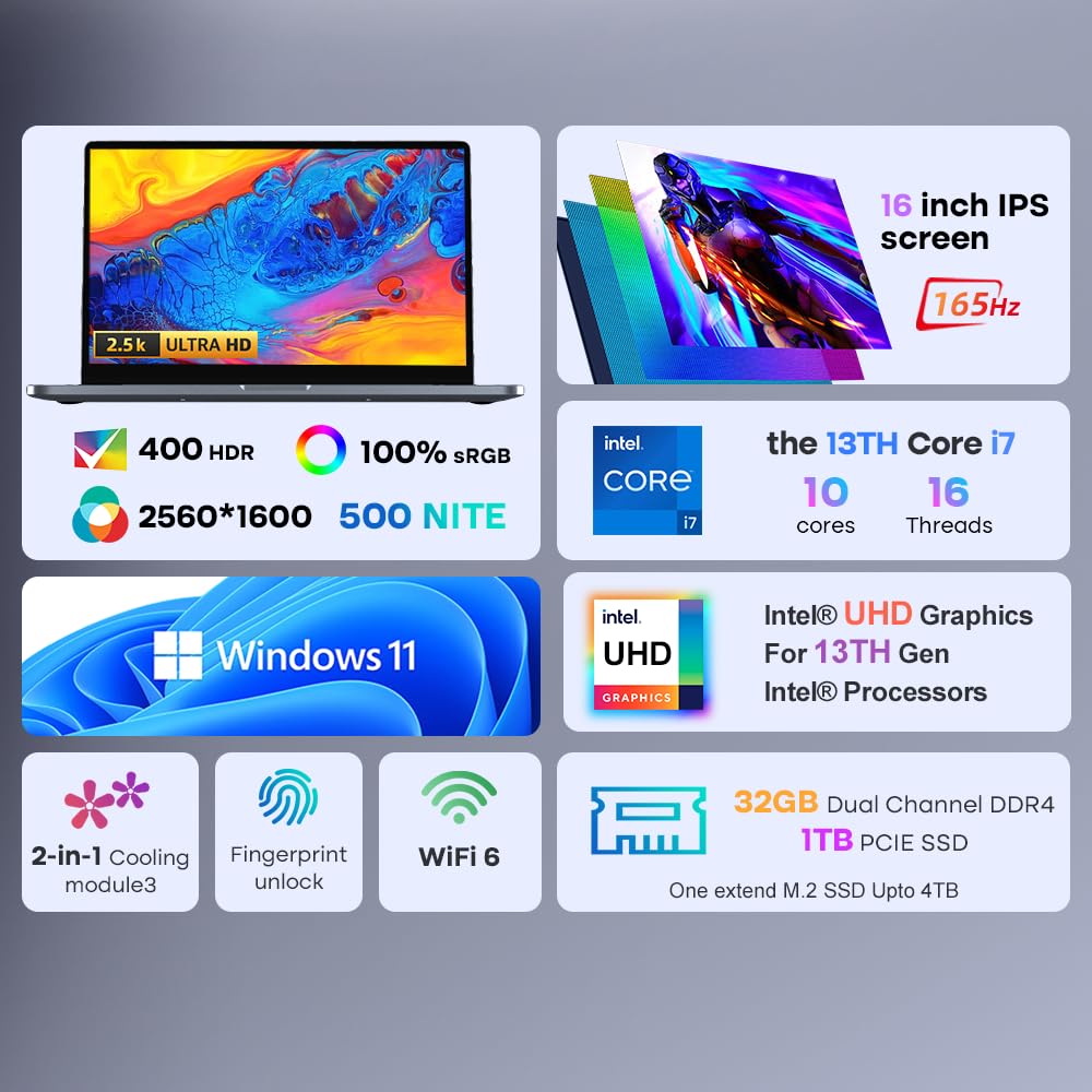 N16 Pro Gaming Laptop 16 inch 2.5K 2560*1600 IPS 165Hz Display 13th Intel Core i7-13620H 32GB DDR4 RAM 1TB PCIe SSD WiFi 6 Fingerprint unlocking Backlit keyboard Computer Notebook Windows 11