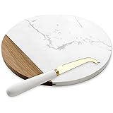 VUDECO White Marble and Acacia Wooden Cheese Board & Knife Set Marble Tray for Meats Breads Charcuterie Round Cutting Serving