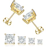 4 Pairs Real Gold Plated Square Stud Earring Set, Princess Cut Clear Cubic Zirconia Hypoallergenic Earrings Pack for Women and Men