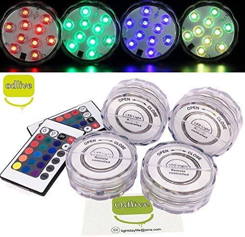 Odlive 4pcs Multi Color Waterproof 10 LEDs RGB Submersible LED Light with Remote Controller,Flashing Bright lighting for Wedding/Party/Christmas/Swimming Pool/Fish Tank Decorations