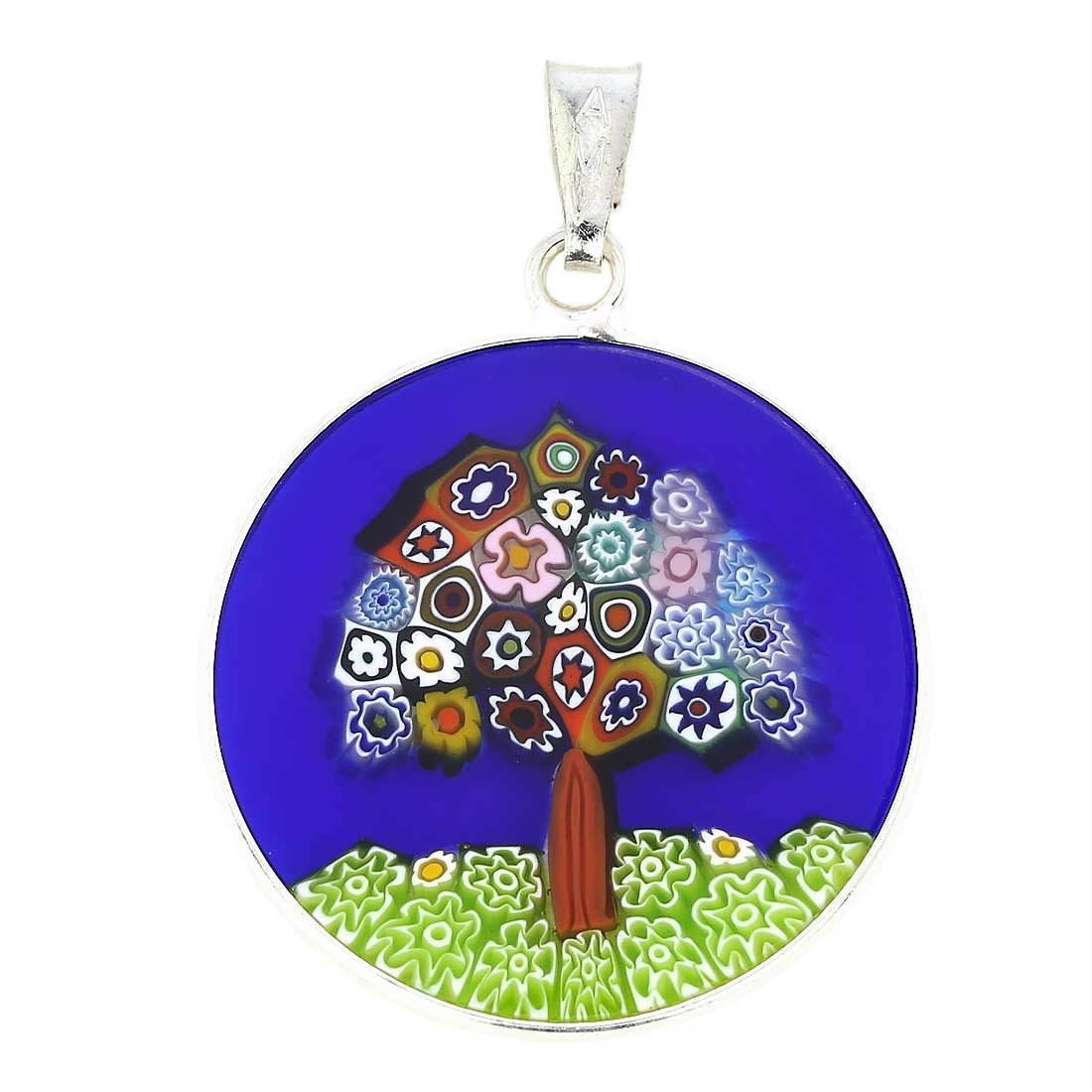 Glass Of Venice Murano Glass Millefiori Pendant Tree of Life in Silver Frame 7/8" - Italian Pendant Necklace in Sterling Silver for Women Handmade in Venice, Italy