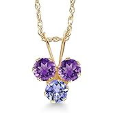 Gem Stone King 14K Yellow Gold Purple Amethyst and Blue Tanzanite 3-Stone Pendant Necklace For Women (0.35 Cttw, Gemstone February Birthstone, Round 3MM, 18 Inch Chain)