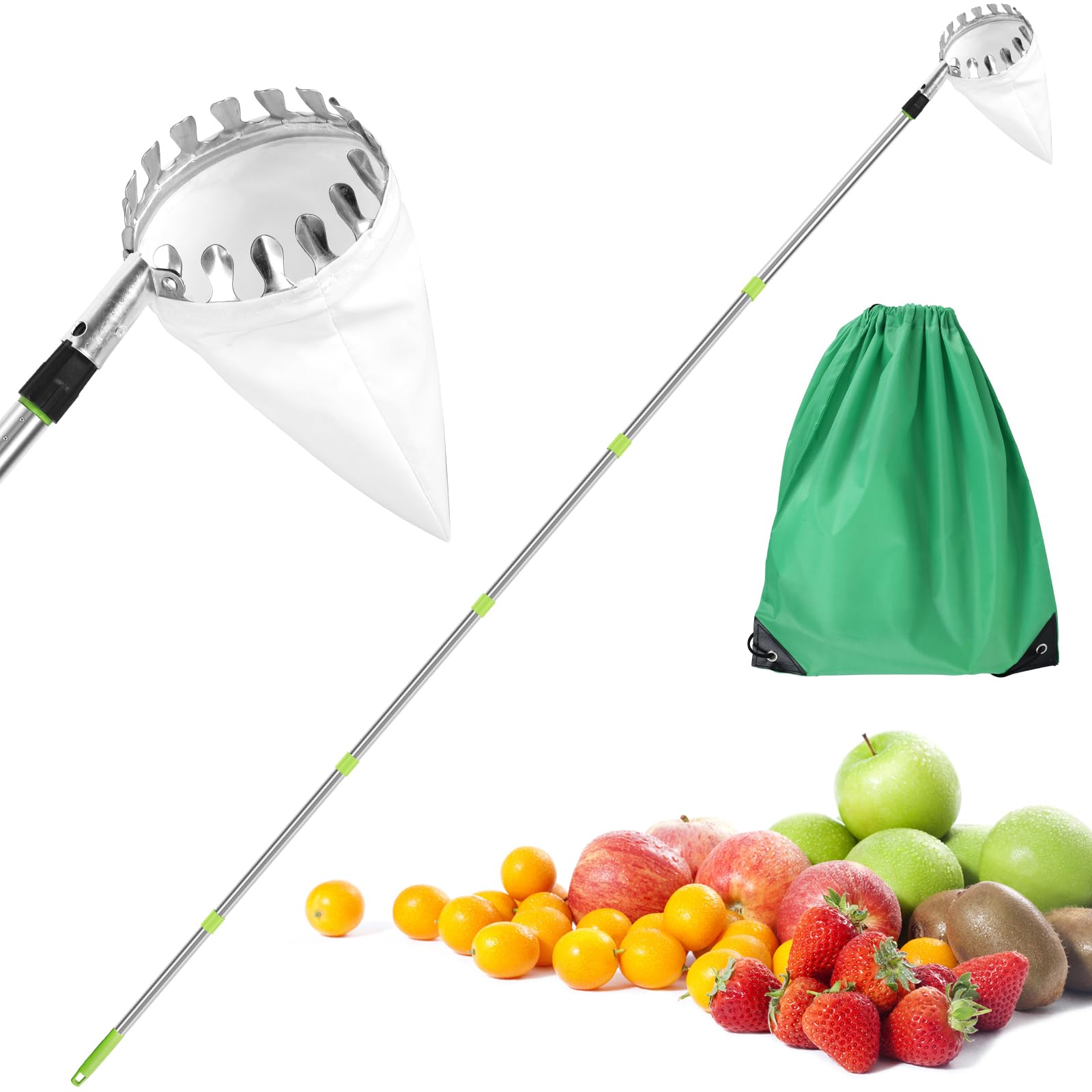 Alongen Fruit Picker with Telescopic Handle, with Storage Bag Stainless Steel Orange Picker Tool Tree Fruit Catcher,for Cherry Berry Orange Lemon Pear Harvester