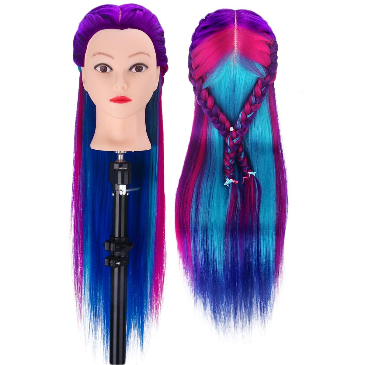 MYSWEETY 28" Mannequin Head Hair Styling Training Head Manikin Cosmetology Doll Head Synthetic Fiber Hair (Table Clamp Stand Included)