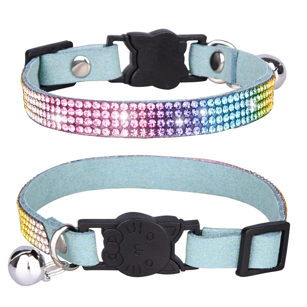 Pet Collar,Cat Collar with Bell Safety Buckle Release,Bling Bling Rainbow Rhinestone Kitten Collars Adjustable 25-32cm for Cats Puppy small dogs