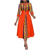 MaxPick Africa Ankara Printed Fabric Women's Dress V Neck Sexy Double Hem Splicing Clash Color Model Skirt