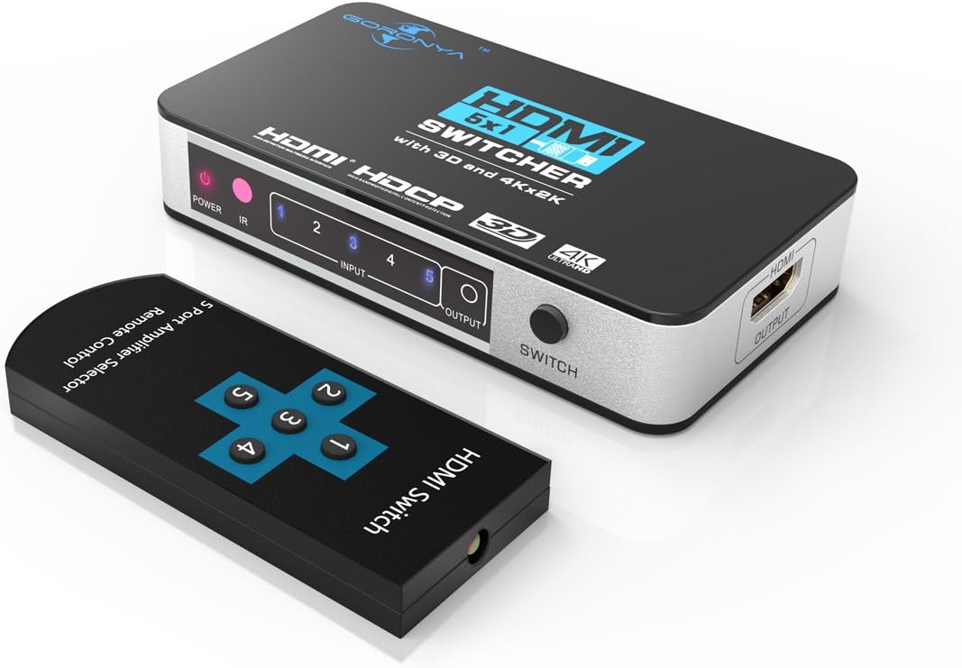 5x1 HDMI Switch,Goronya Ultra HD 4K x 2K Premium 5 Port High Speed HDMI Switcher with IR Wireless Remote and AC Power Adapter-Support 3D, 1080P