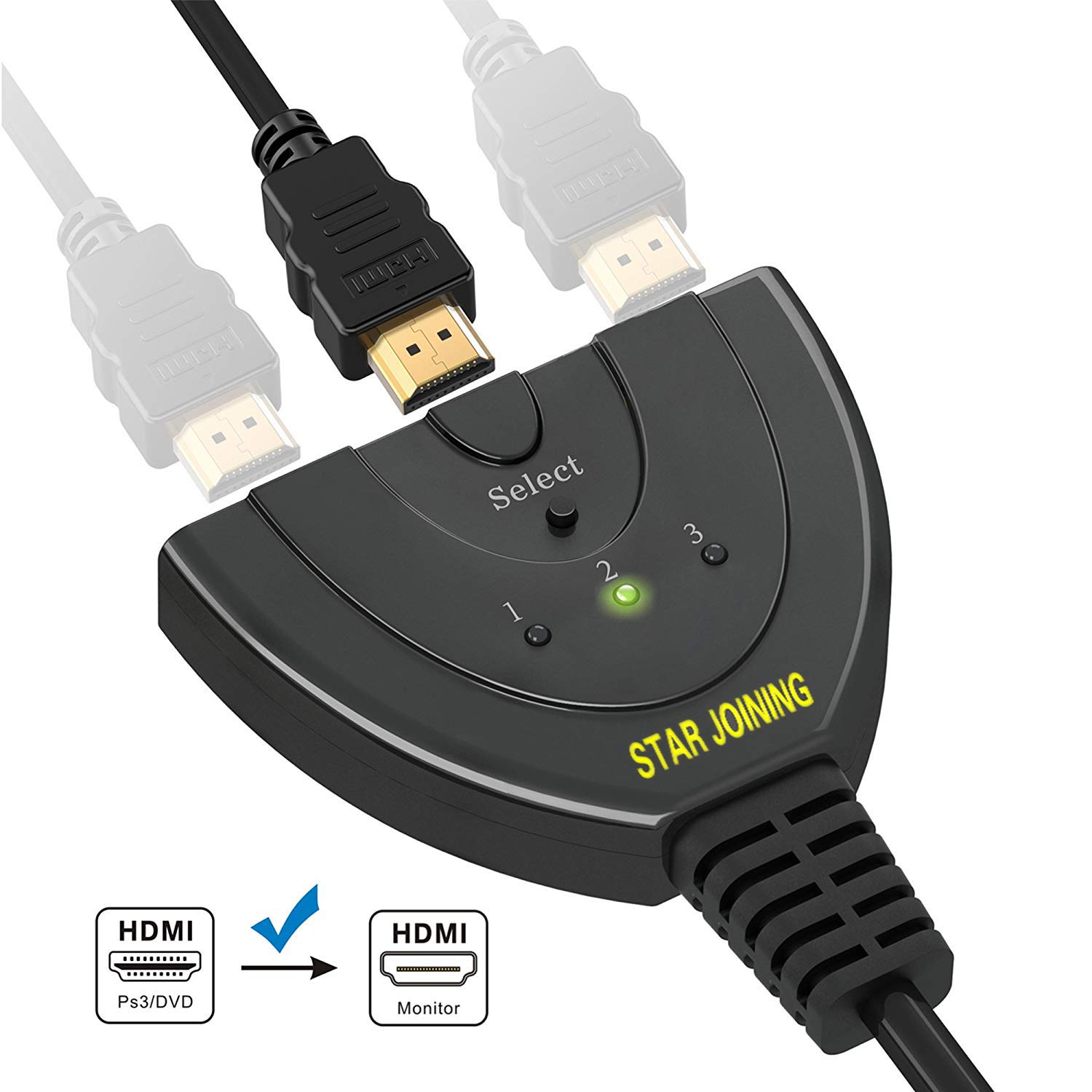 HDMI Switch-STARJOINING HDMI Splitter/Hub/Switcher(3 In 1 Out)-Supports 4K 1080 HD Plug and Play for HDTV PC Projector PS3 PS4 Xbox One, Blu-ray Player and More