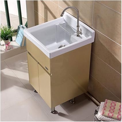 XCJJ Mueble de baño, tocador de cerámica y gabinete de acero inoxidable