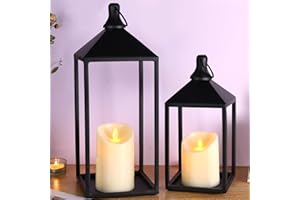 MATAHUM 2pcs Halloween Lantern Decor with LED Flickering Flameless Candle - Black Lanterns Decorative for Wedding, Fireplace Mantle or Table Centerpiece - Halloween Lanterns Decorative