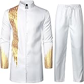 ZEROYAA Men's Kente Print Suit Long Sleeve Button up African Dashiki Shirt and Pants Ethnic 2 Piece Outfit