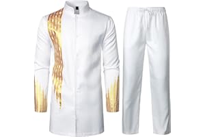 ZEROYAA Men's Kente Print Suit Long Sleeve Button up African Dashiki Shirt and Pants Ethnic 2 Piece Outfit