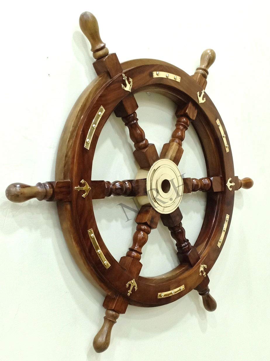 Nautical Big Brass Anchor Wooden Ship Wheel Vintage Decor Gift