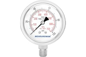 MEASUREMAN Pressure Gauge 1/4 NPT, 0-100psi/kPa Fully Stainless Steel Hydraulic Glycerin Filled Pressure Gauge with 2.5 Inch 