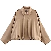 Talakeno Womens Faux Suede Bomber Jacket Casual Lightweight Batwing Long Sleeve Oversized Coat Streetwear Outfits
