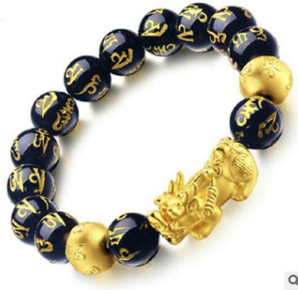 Nihlsen Fashionable Natural Stone Black Obsidian Pixiu Bracelet Pixiu Lucky Brave Troops Charms Jewelry for Women & Men - Gold & Black
