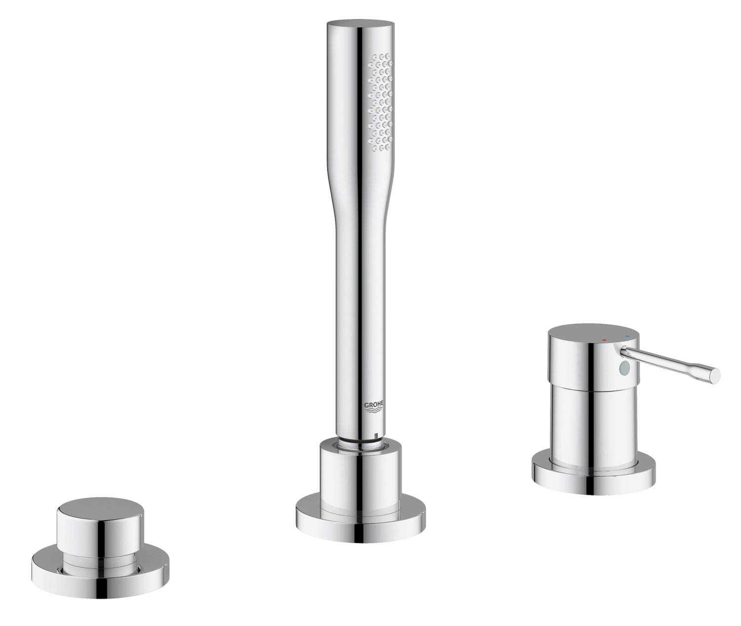 GROHE Essence 3-Hole Bath Tap Set (35mm Ceramic Cartridge, Stick Handshower, 2m Metal Hose, Diverter Bath/Shower, Protected Against Backflow, for Combination with Talenfofill), Chrome, 19976001