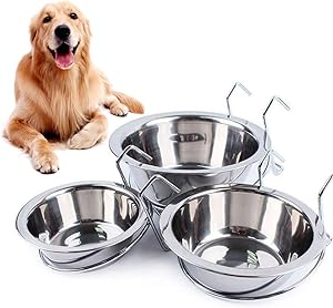 Oyov2L Metal Hanging Bowl Dog Pet Bowl Cage Crate Non Slip Food Dish Water Feeder with Hook Silver S