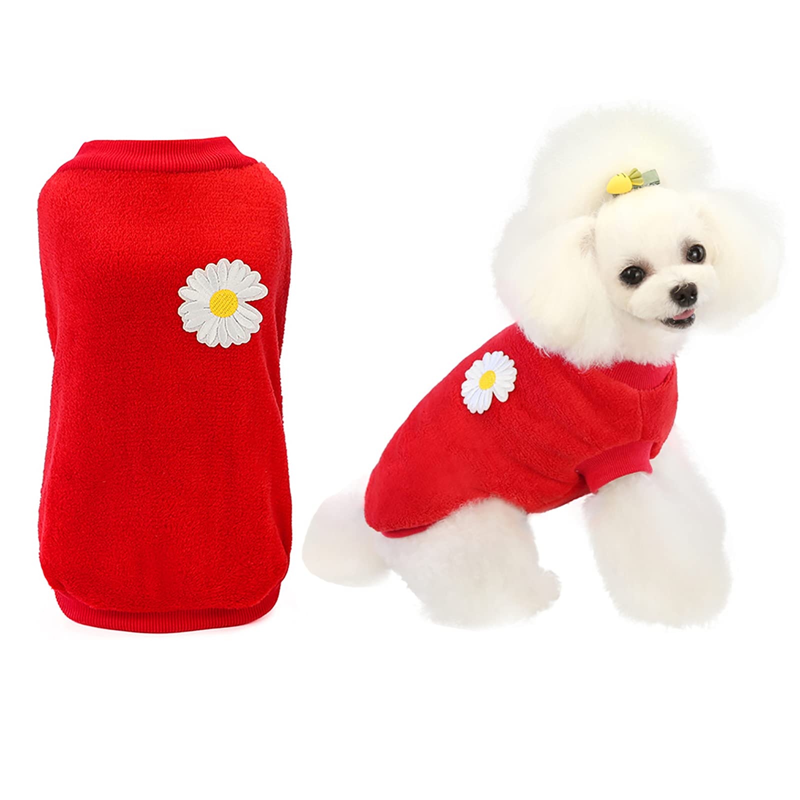 Dog Sweater Clothes Fleece Woolen Winter Warm Sweat Shirt Flower Pajamas Fleece Sweater for Small Dog Medium Cat Red L