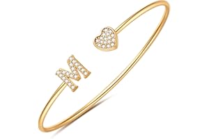 BRIJEWLIC Gold Initial Bracelets for Women Girls, 14K Gold Plated Gold Bangle Bracelets for Women Girls Dainty Gold Initial Bracelets Heart Bracelets for Women Girls Bridesmaids Bracelets Gifts