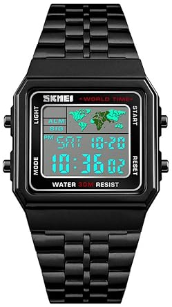 BINZI New Business Fashion Square Dial Digital Watch Stopwatch Countdown Multifunction Stainless Steel Watch Gold/Silver/Black - SKM1338 (Black)