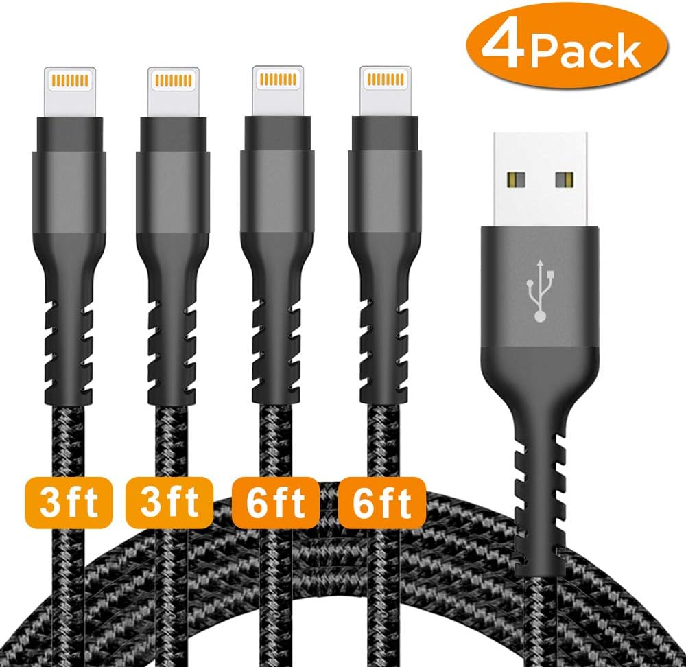 Azhizco iPhone Lightning Charger Cable 4Pack 2x3Ft 2x6Ft Nylon Braided Charging & Syncing Cord Compatible with iPhone X, 8, 7, 7 Plus, 6, 6s, 6 Plus, 5, 5c, 5s, SE, iPad, iPod(Black)
