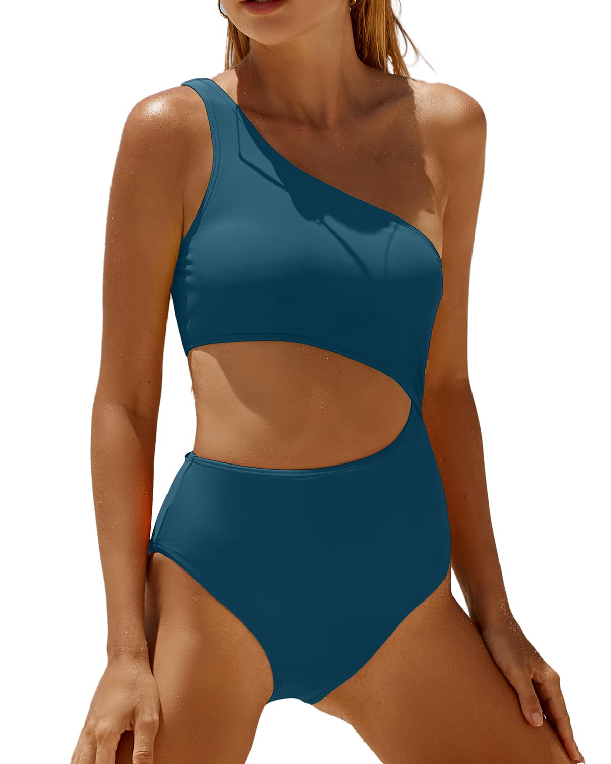 Photo 1 of Women's One Piece Swimsuit- One Shoulder Bathing Suit Cutout Tummy Control Swimwear Teal L