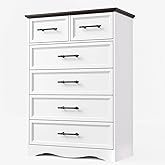 YANSNWO White Dresser for Bedroom, Farmhouse 6 Chest of Drawers, Modern 44" Tall Chest of Drawers with Brushed Metal Handle, Wood Closet Organizers and Storage Cabinet for Bedroom, Living Room