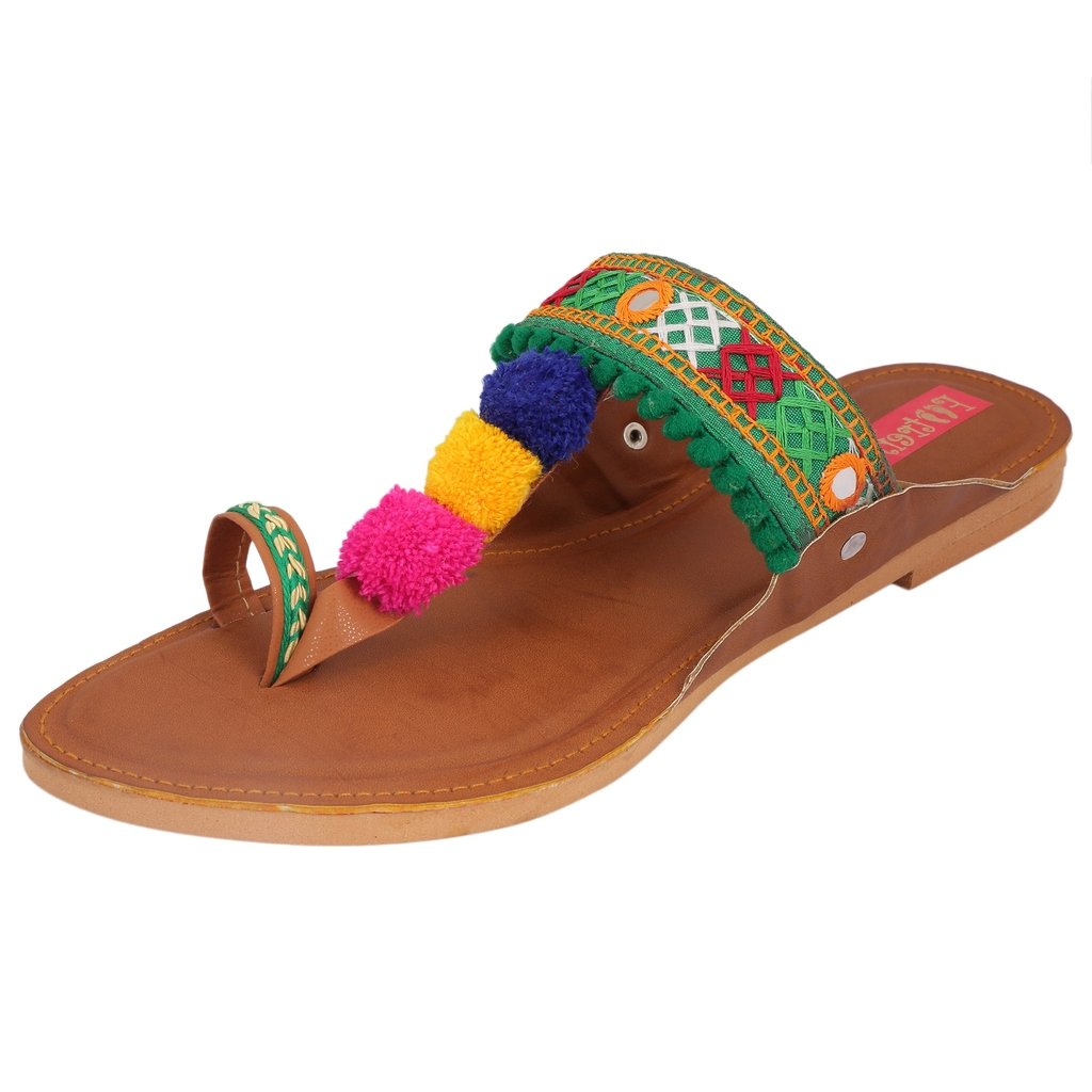 footrendz women's pompom and faux leather kolhapuri flats