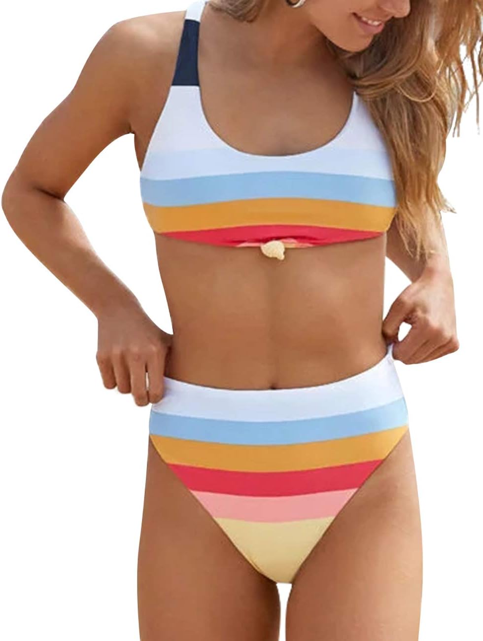 Two Piece High Waisted Bathing Suit Striped Bikini Set Swimsuits for Women High Cut Sports Suits
