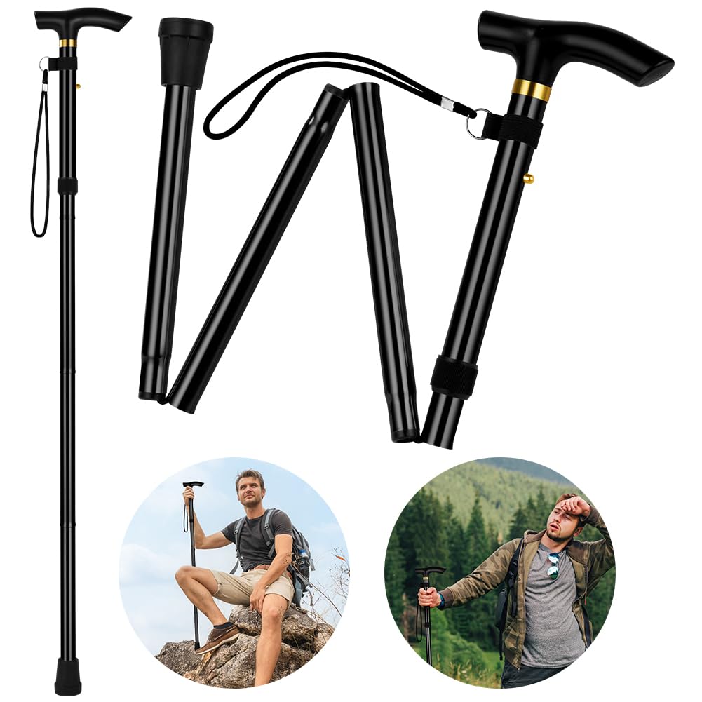 Flintronic Walking Stick, Folding Walking Stick, Adjustable Folding Walking Sticks, Collapsible Lightweight Flexible Stick, Comfortable Grip Durable Mobility Aid for Men Women, Black