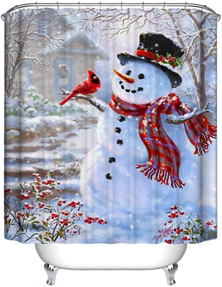 XONOR Christmas Shower Curtain, Winter Holiday Merry Christmas Happy Snowman and Cardinals Waterproof Polyester Shower Curtain with Hooks for Christmas Decoration - 153cm x 175cm