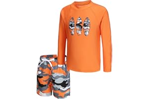 ZESTONIE Boys Two Piece Rash guard Swimsuits Set with Swim Trunk Kids Long Sleeve Bathing Suit Swimwear Set