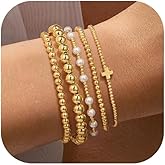 Yoosteel Valentines Day Gifts for Her Kids Teen Girl - 14K Gold Plated Dainty Round Beaded Ball Pearl Cross Bracelet Stack Set for Women Trendy Non Tarnish Teenage Girls Stackable Jewelry Gift