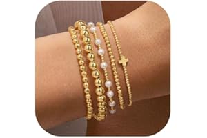Yoosteel Gold Beaded Bracelets Set for Women Teen Girl Gifts Non Tarnish - 14K Gold Plated Dainty Round Bead Ball Pearl Cross Bracelet Stack for Women Teenage Girls Stackable Jewelry Christmas Gifts