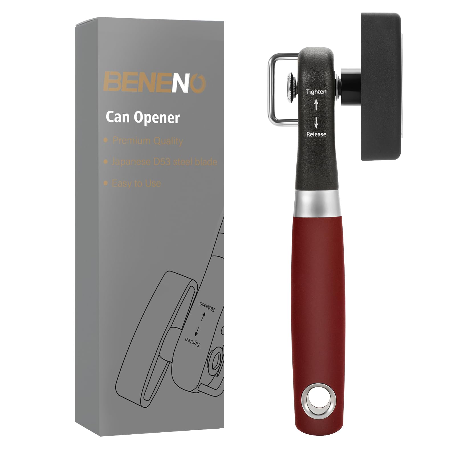 Photo 1 of Beneno Can Opener, Manual Side Safe Cut Can Opener Smooth Edge with Durable Sharp Blade, Effort-Saving Knob & Comfortable Non-slip Handle, Red