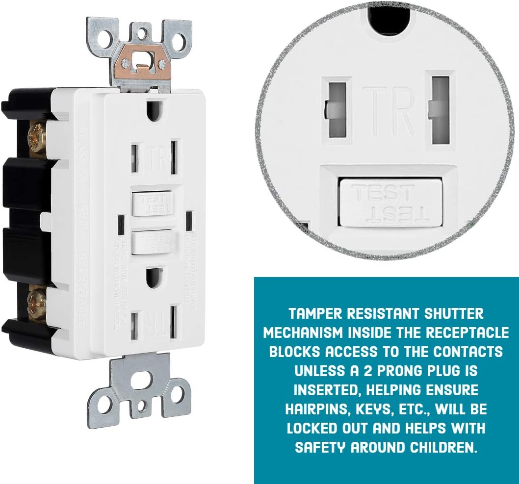 1 Pack - GFCI Duplex Outlet Receptacle - Weather Resistant 15-Amp/125-Volt, Self-Test Function with LED Indicator - UL Listed, cUL Listed - Wall Plate and Screws Included, White - - 
