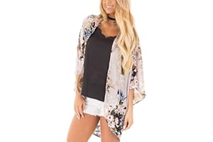 Chunoy Women Floral Print Lightweight Chiffon Kimono Cardigan Short Sleeve Loose Beach Wear Cover Up Blouse Top