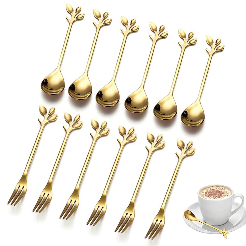 12 Pcs Tea Sugar Spoons, Stainless Steel Dessert Coffee Tea Spoon, Stainless Steel Tea Fork, Appetizer Dessert Forks, Including 6 Spoons and 6 Forks, for Kitchen Tea Parties and Coffee Shops (Gold)