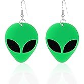 Just Follow Acrylic Punk Green Alien Face Dangle Earrings Big Eye Space Aliens Statement Drop Stainless Steel Rave Earrings