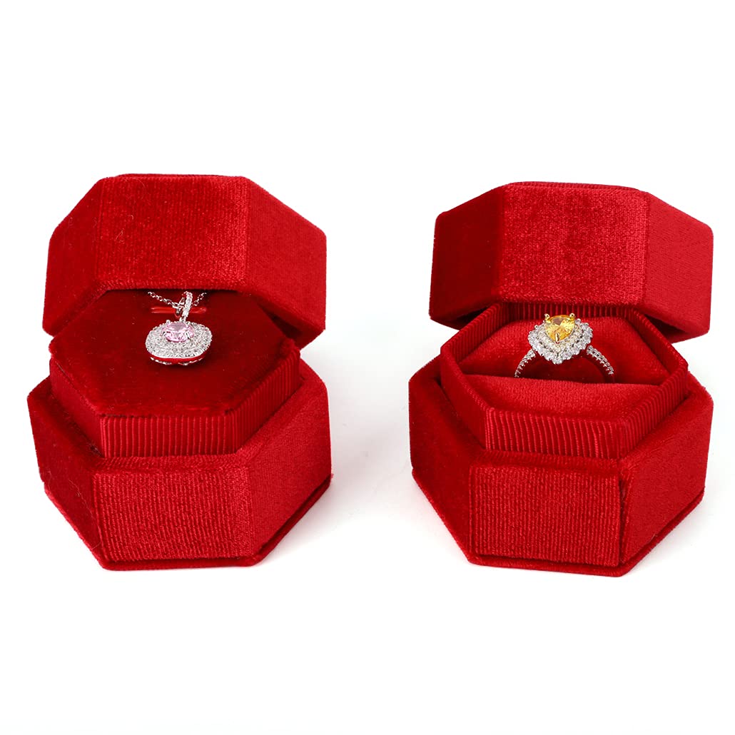 iSuperb 2pieces Velvet Ring Box Necklace Box Hexagon Jewellery Gift Boxes Pendant Box Single Ring Box for Proposal Wedding Jewelry Case Trinket Boxes for Women/red