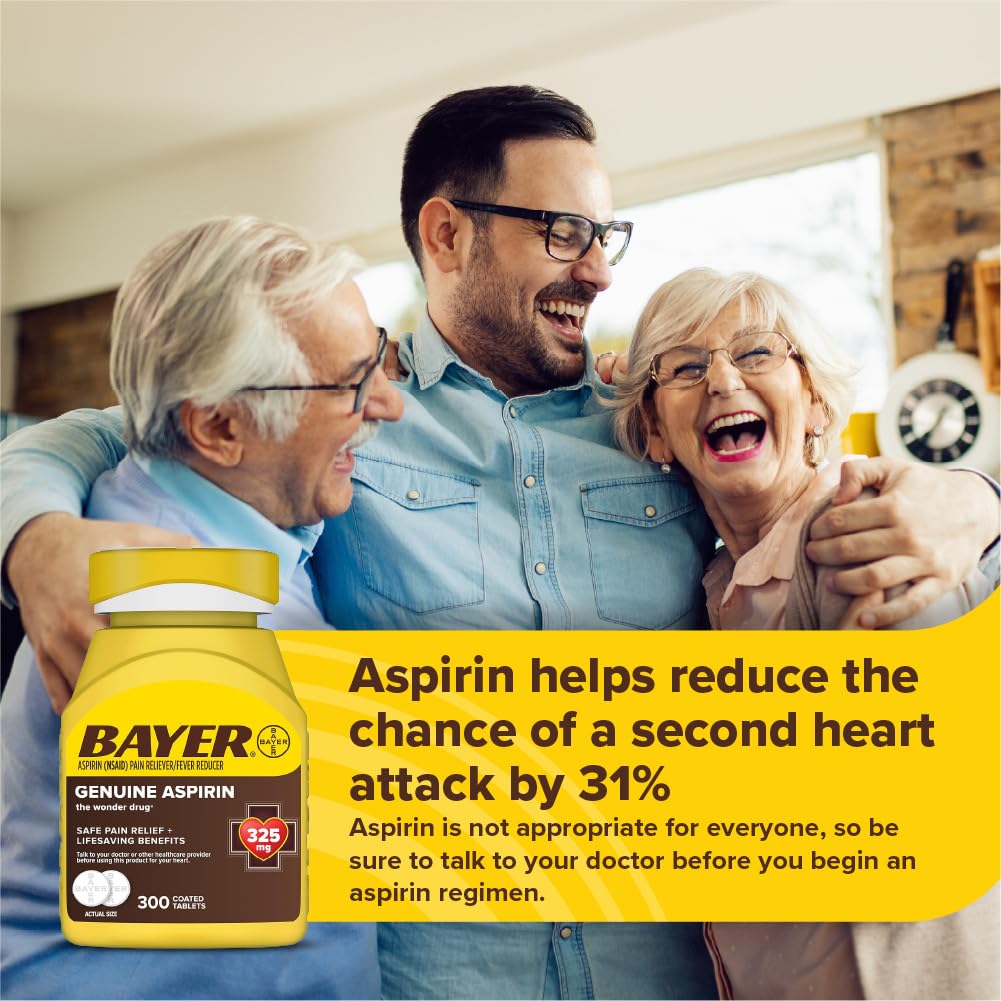 Bayer Genuine Aspirin 325 mg, Coated Tablets for Headache Relief, Multi-Symptom Pain Reliever and Fever Reducer, Pain Relief Tablets for Tooth and Muscle Pain, Backache, 300 Ct