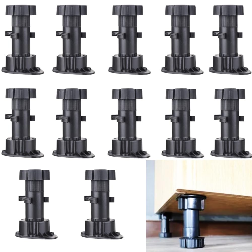 KITERI 12 Pcs Furniture Feet, Adjustable Kitchen Cabinet Leg Black Plastic Adjustable Feet Kitchen Unit Cabinet Legs Cupboard Leg with Kick Board Clips for Bathroom, 120-150mm