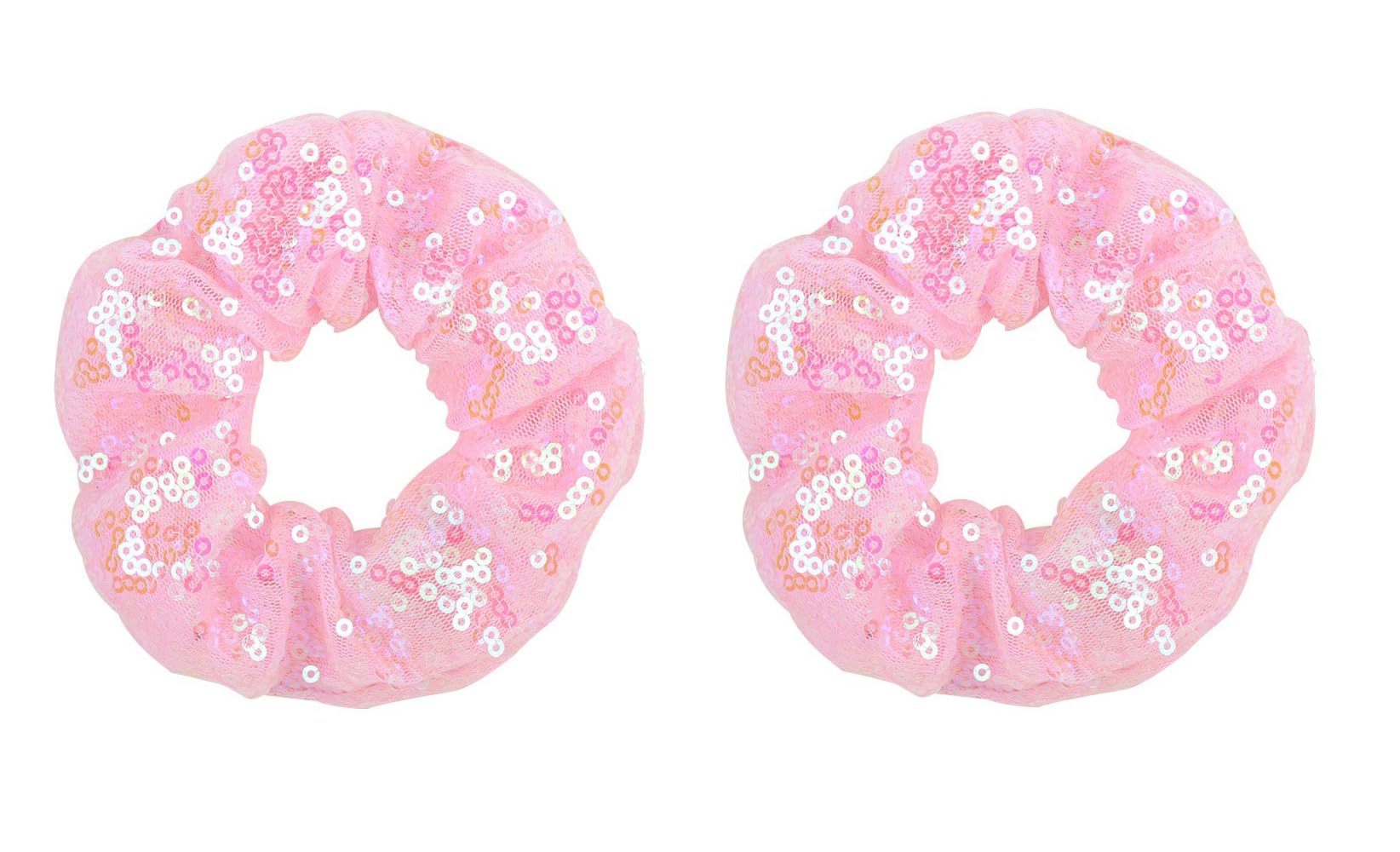 ZOONAI Women Teen Girls Sequins Satin Scrunchies Hair Accessories Elastic Sparkly Hair Ponytail Holder Hair Tie - Set of 2 (Pink)