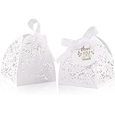 AdasBridal 50Pcs Small Gift Boxes for Party Favors, Laser Cut Candy Boxes Wedding Favor with Thank You Card Ribbons for Bridal Baby Shower Wedding Decorations (White, 2.36")