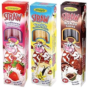 Selectie van magische rietjes met gearomatiseerde melk, 3 stuks, 1 x chocoladesmaak 32 g, 1 x vanillesmaak 32 g, 1x…